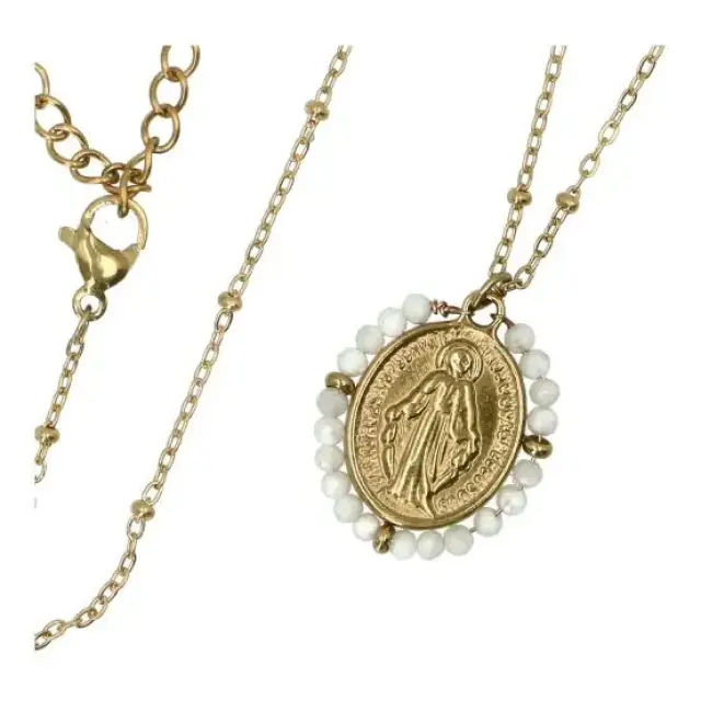 Stalen ketting met Wonderbare Medaille en gekleurde kristallen kralen