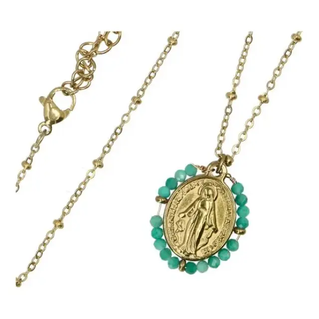 Stalen ketting met Wonderbare Medaille en gekleurde kristallen kralen