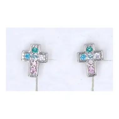 Boucles d'oreilles croix multicolore en argent rhodié