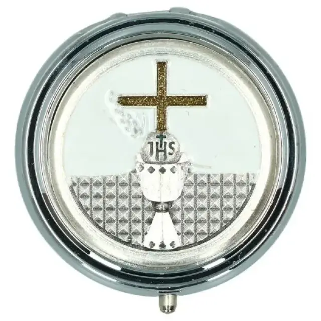Chapelet blanc de communion + Boîte argentée Calice Diam 46 mm