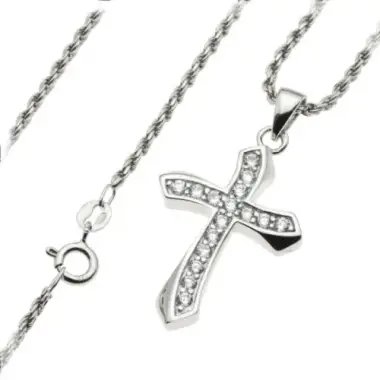 Croix Argent Avec Zircons 30Mm + Chaine