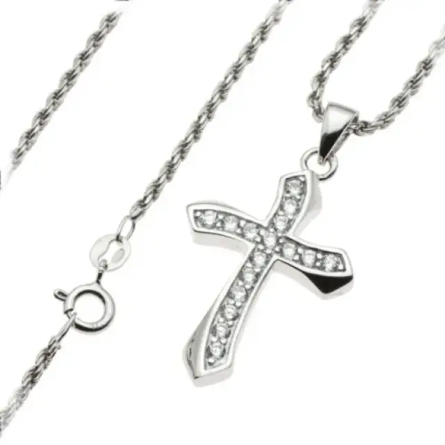 Croix Argent Avec Zircons 30Mm + Chaine