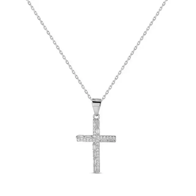 Croix en argent rhodié avec zircons + chaine