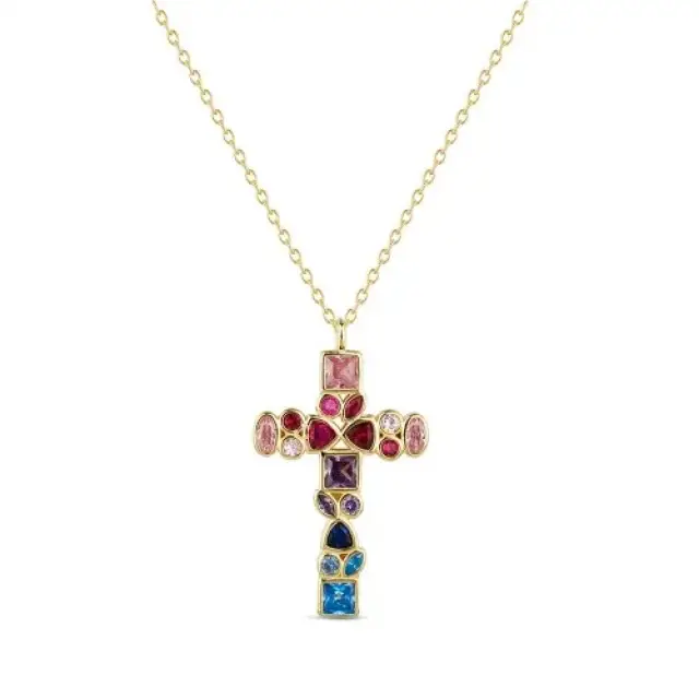 Verguld Kruisje met veelkleurige zirkonen + ketting