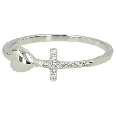 Bague en argent rhodié avec croix et coeur en zircon