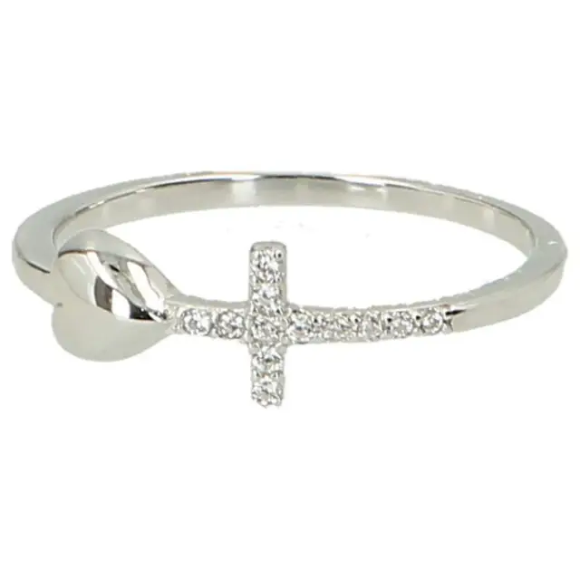 Bague en argent rhodié avec croix et coeur en zircon