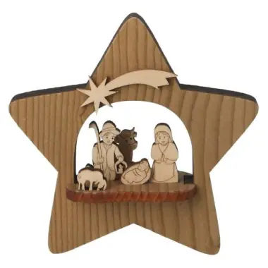 Kerststal in een houten ster H 12 cm