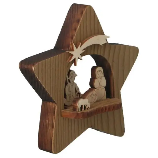 Kerststal in een houten ster H 12 cm