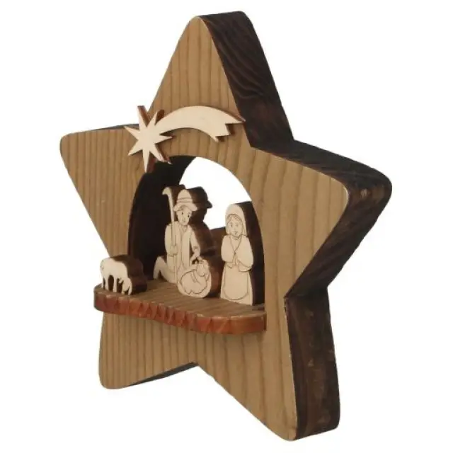Kerststal in een houten ster H 12 cm