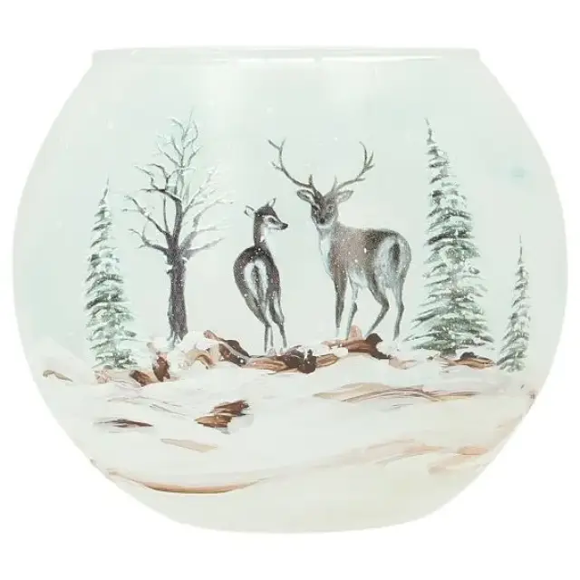 Kerst kaarsenhouder in glas besneeuwde landschap met hert 12 Cm
