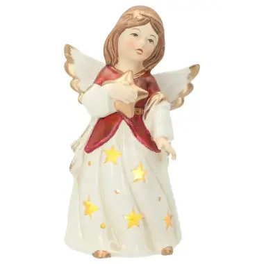 Rood en beige porseleinen engel met LED 16cm