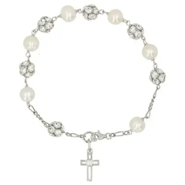 Bracelet-Dizainier Argent Rhodié Perle + strass 8 mm + Ecrin