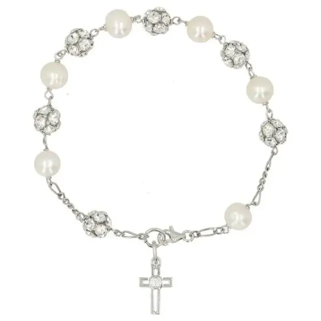 Bracelet-Dizainier Argent Rhodié Perle + strass 8 mm + Ecrin