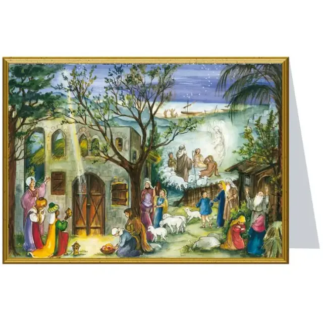 Dubbele traditionele kerstkaart met Kerststal + envelop