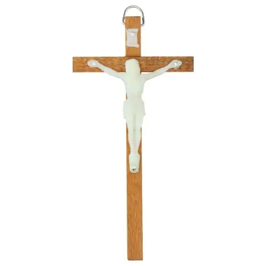 Croix Murale 15 cm Bois brun clair + corps lumineux