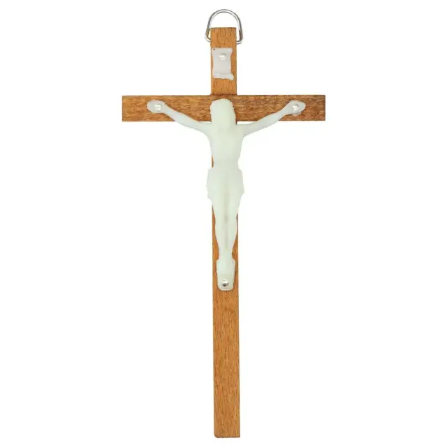 Croix Murale 15 cm Bois brun clair + corps lumineux
