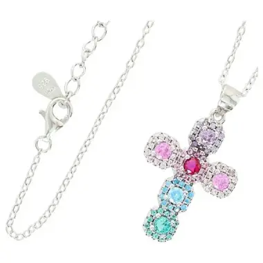 Croix en argent rhodié avec zircons multicolore 24 x 16 mm + chaine