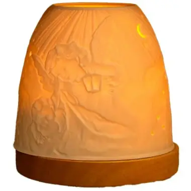Porselein Theelichthouder met hout voet Engel met lamp