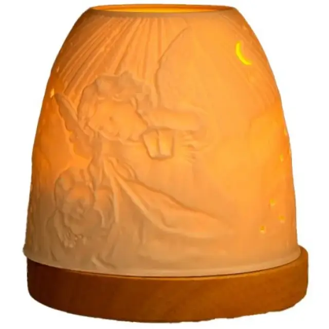 Porselein Theelichthouder met hout voet Engel met lamp