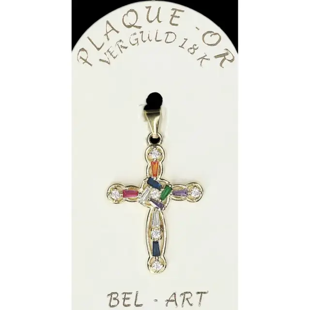 Croix plaqué or avec strass multicouleurs 24 x 18 mm