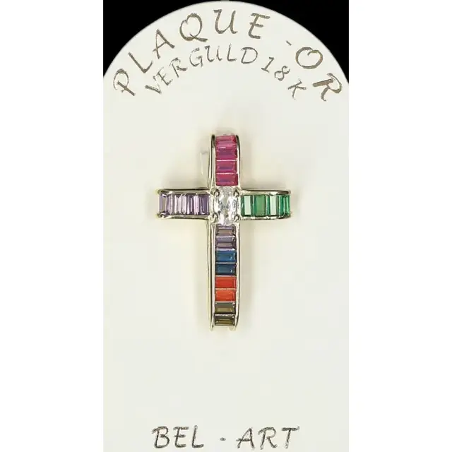 Croix plaqué or avec strass multicouleurs 25 x 15 mm