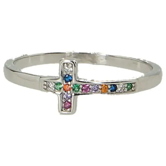 Ring met kruis in zilver en gekleurde strass steentjes