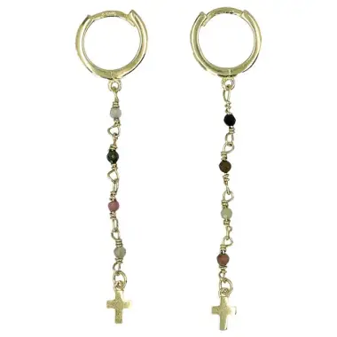 Boucles d'oreilles croix en plaqué-or avec tourmaline