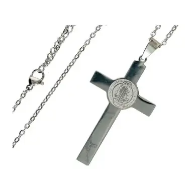 Necklace stainlees steel and medal with Saint-benedict cross
