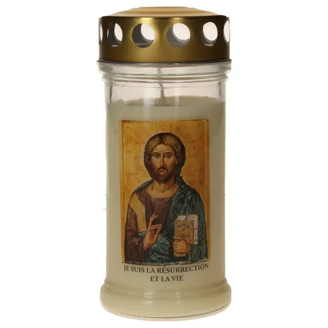 Candle in glass with golden metal lid - white - Pantocrator - 10 pieces per box