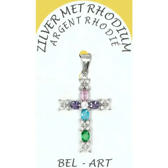 Pendentif croix argent avec zircons multicolores 25 x15 mm