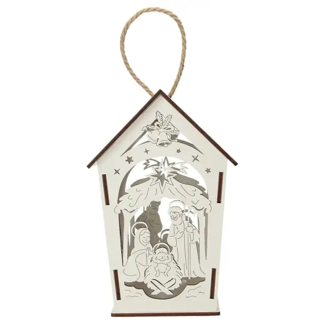 White wood lantern with nativity 17 cm + light