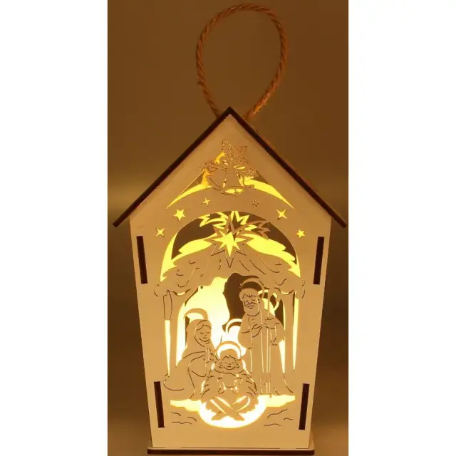 White wood lantern with nativity 17 cm + light