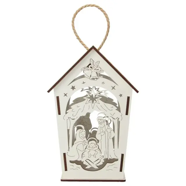 White wood lantern with nativity 17 cm + light