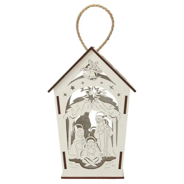 White wood lantern with nativity 17 cm + light