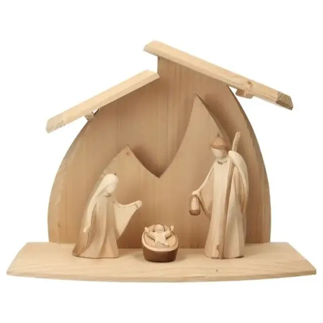 Sainte Famille en bois sculpte 10 cm + Cabane avec lumière