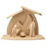 Sainte Famille en bois sculpte 10 cm + Cabane avec lumière
