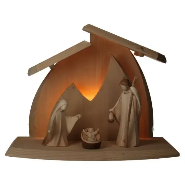 Sainte Famille en bois sculpte 10 cm + Cabane avec lumière