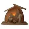 Sainte Famille en bois sculpte 10 cm + Cabane avec lumière