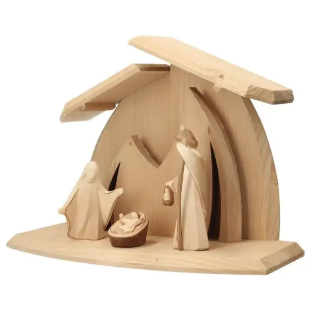 Sainte Famille en bois sculpte 10 cm + Cabane avec lumière