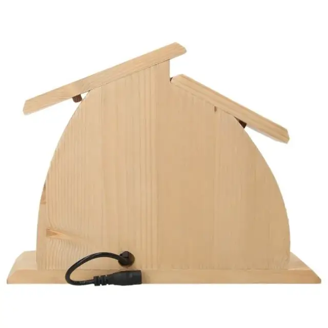 Sainte Famille en bois sculpte 10 cm + Cabane avec lumière