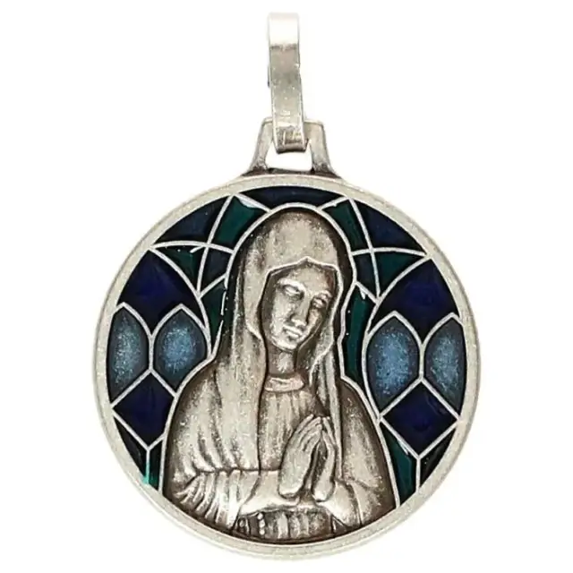 Médaille 18 mm - Vierge priante - Métal avec email bleu
