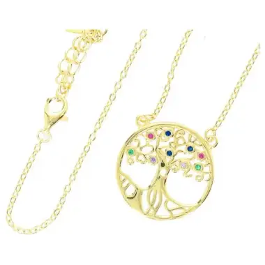 Arbre de vie en argent doré avec zircons multicolore + chaine