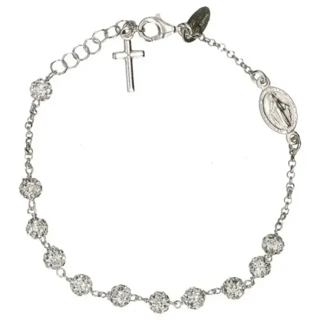 Bracelet en argent rhodié avec strass médaille miraculeuse et croix