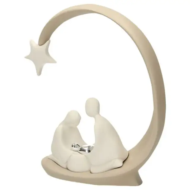 Nativité en résine blanche avec arc beige (25 x25 cm)