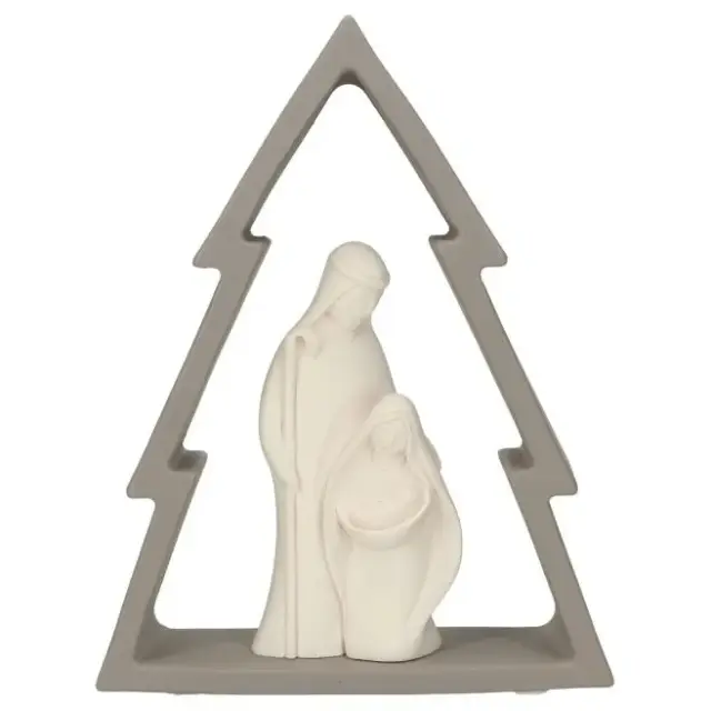 Nativité en résine blanche dans un sapin gris (12x16 cm)