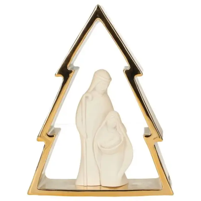 Nativité en résine blanche dans un sapin doré (12x16 cm)