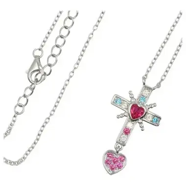 Croix en argent rhodié avec zircons multicolore + coeur 18 x 15 mm + chaine