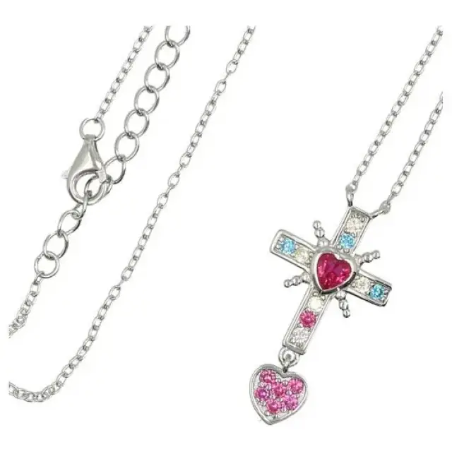Croix en argent rhodié avec zircons multicolore + coeur 18 x 15 mm + chaine