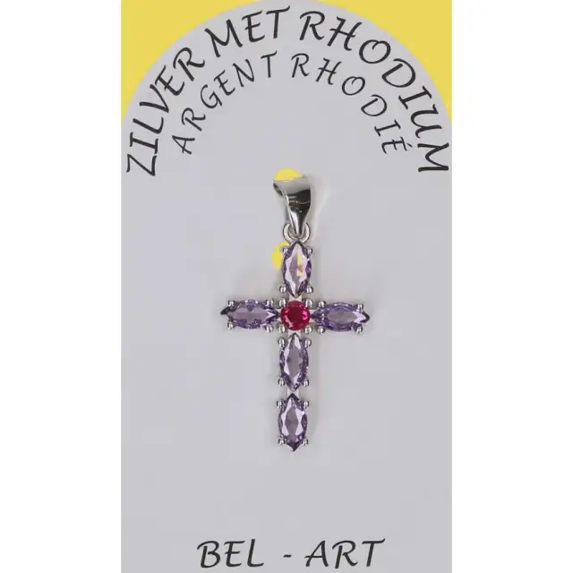 Pendentif croix argent doré avec zircons mauves 23 x15 mm