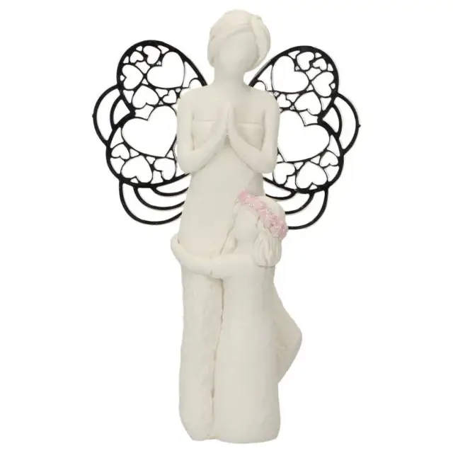 Angel in resin with metalic wings + little girl 7,5 x 12 cm